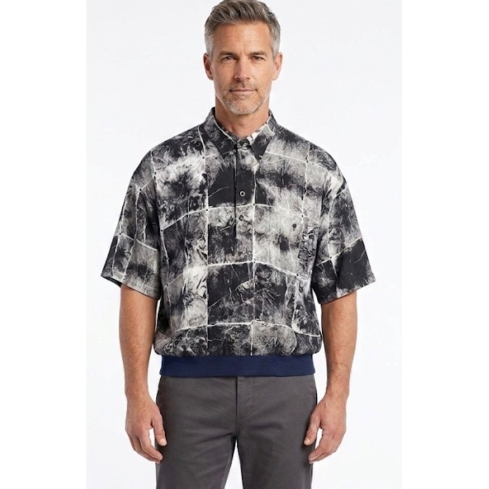 Vintage Alan Stuart Mens 1X Black White Abstract Grid Print Polo Shirt Ribbed